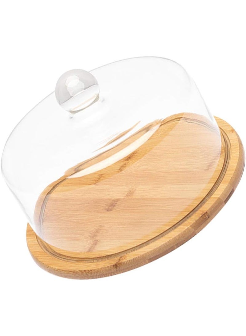 Glass Cake Dome Stand Dessert Serving Cloche Platter Bamboo Wood Snack Muffin Serving Tray with Cover Lid for Restaurant Wedding Party - Image 1
